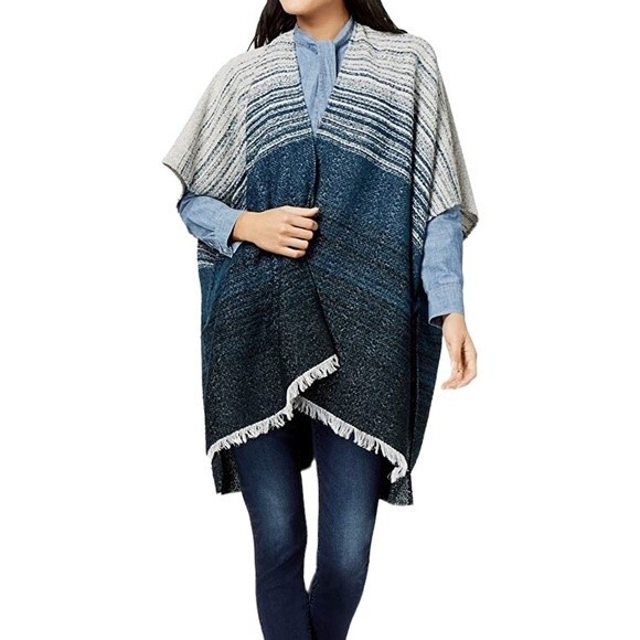Lucky Brand Striped Kimono Poncho Sweater Wrap Ombre Open Front Fringe Hem Boho - Picture 14 of 14